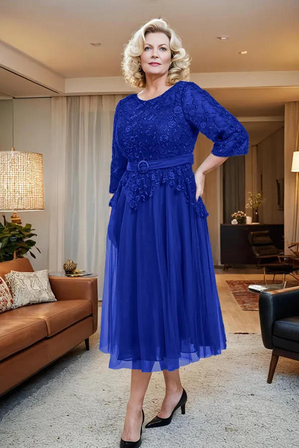 Belted 3/4 Sleeves Tulle Tea Length Mother of the Bride Dress