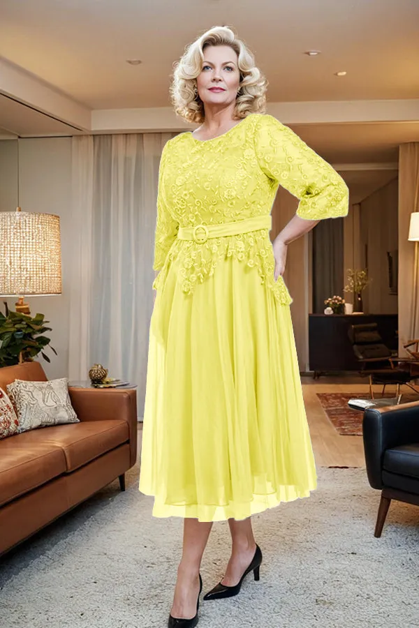 Belted 3/4 Sleeves Tulle Tea Length Mother of the Bride Dress