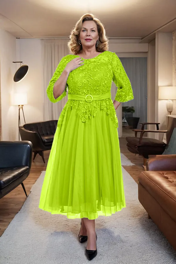 Belted 3/4 Sleeves Tulle Tea Length Mother of the Bride Dress