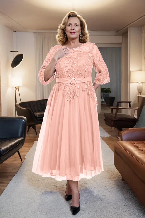Belted 3/4 Sleeves Tulle Tea Length Mother of the Bride Dress