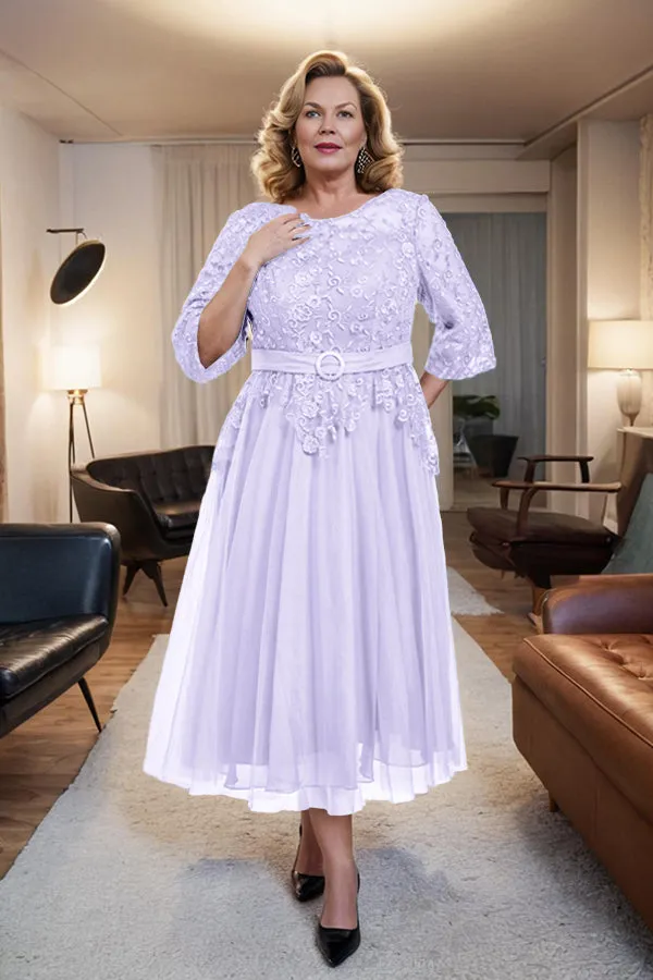 Belted 3/4 Sleeves Tulle Tea Length Mother of the Bride Dress