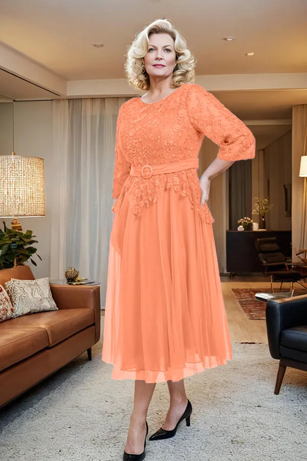 Belted 3/4 Sleeves Tulle Tea Length Mother of the Bride Dress