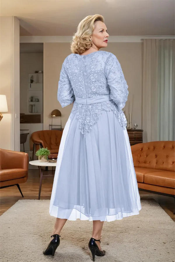 Belted 3/4 Sleeves Tulle Tea Length Mother of the Bride Dress