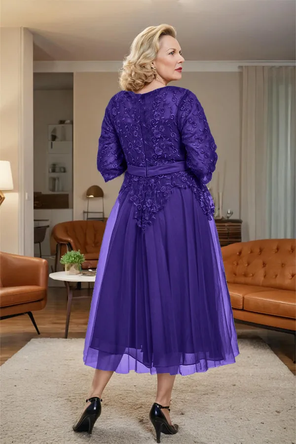 Belted 3/4 Sleeves Tulle Tea Length Mother of the Bride Dress