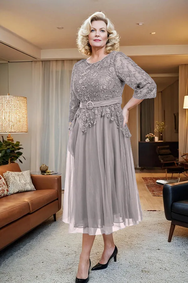 Belted 3/4 Sleeves Tulle Tea Length Mother of the Bride Dress