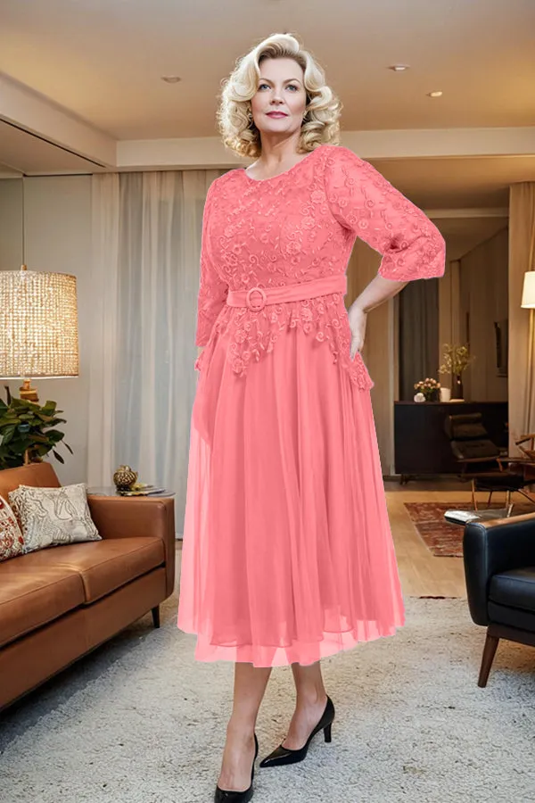 Belted 3/4 Sleeves Tulle Tea Length Mother of the Bride Dress