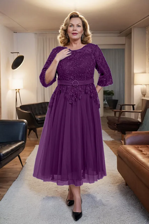 Belted 3/4 Sleeves Tulle Tea Length Mother of the Bride Dress