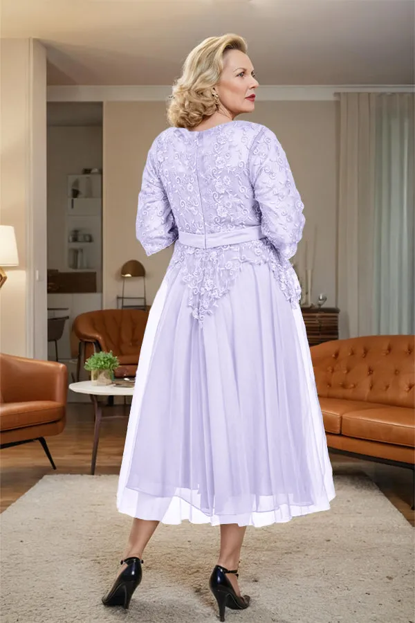 Belted 3/4 Sleeves Tulle Tea Length Mother of the Bride Dress
