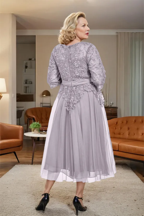 Belted 3/4 Sleeves Tulle Tea Length Mother of the Bride Dress