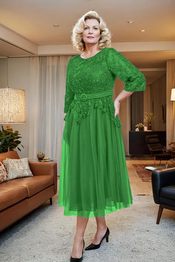 Belted 3/4 Sleeves Tulle Tea Length Mother of the Bride Dress