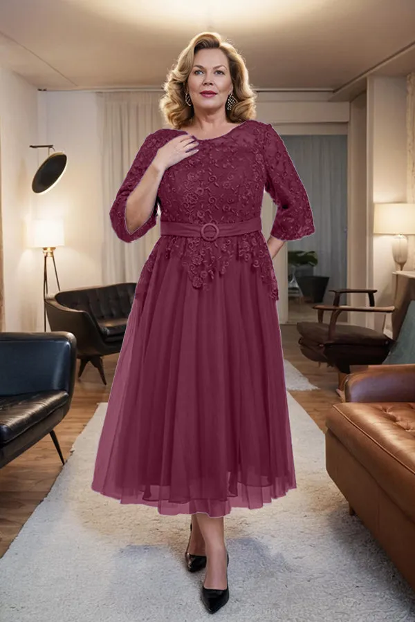 Belted 3/4 Sleeves Tulle Tea Length Mother of the Bride Dress