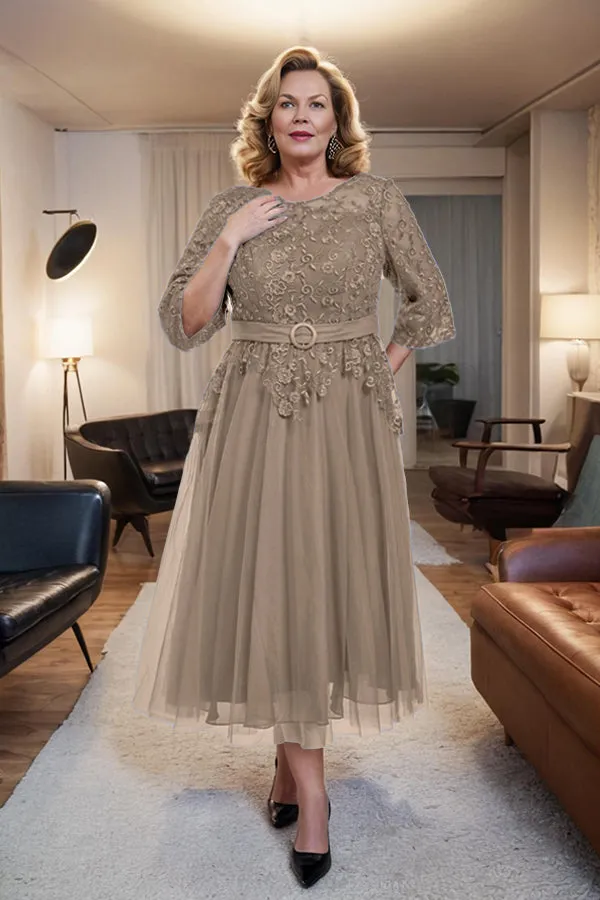 Belted 3/4 Sleeves Tulle Tea Length Mother of the Bride Dress