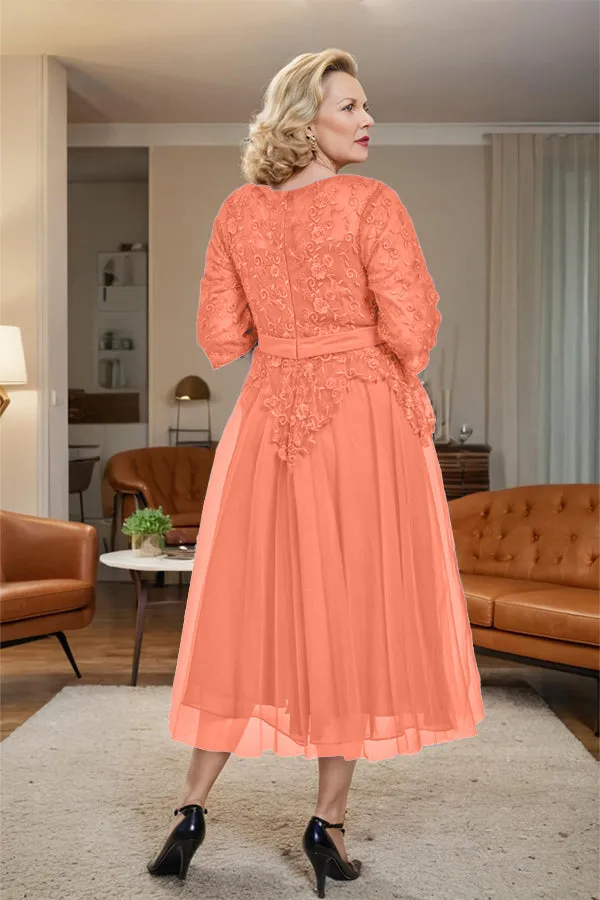 Belted 3/4 Sleeves Tulle Tea Length Mother of the Bride Dress