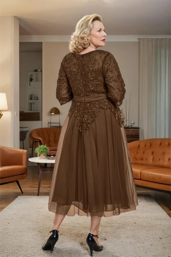 Belted 3/4 Sleeves Tulle Tea Length Mother of the Bride Dress