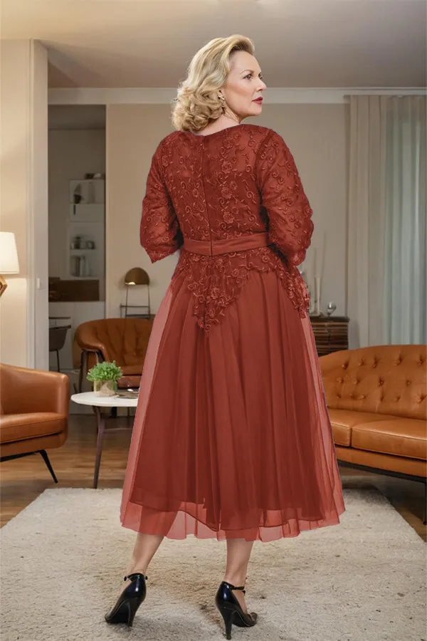 Belted 3/4 Sleeves Tulle Tea Length Mother of the Bride Dress