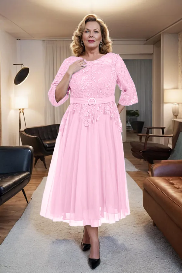 Belted 3/4 Sleeves Tulle Tea Length Mother of the Bride Dress