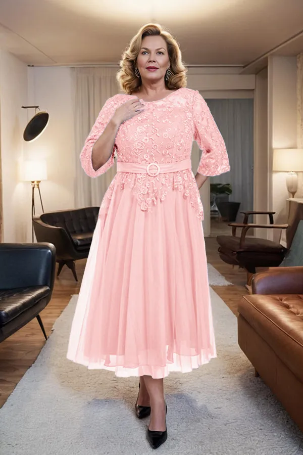 Belted 3/4 Sleeves Tulle Tea Length Mother of the Bride Dress