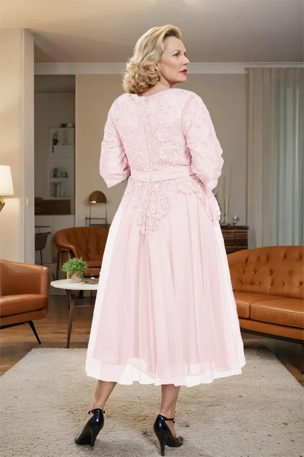 Belted 3/4 Sleeves Tulle Tea Length Mother of the Bride Dress