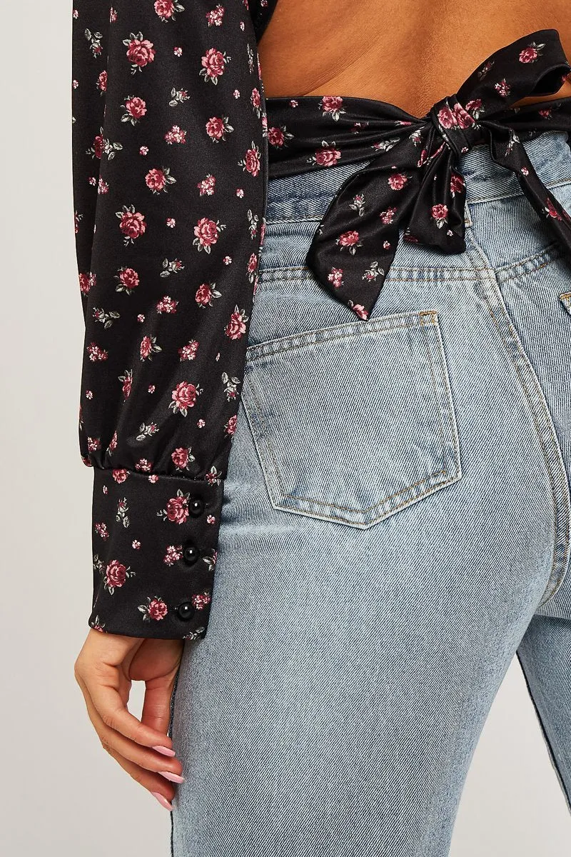 Black Floral Satin Cut Out Backless Crop Top - Cary