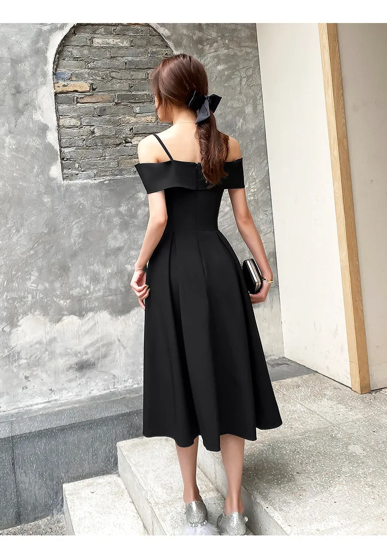 Black Off Shoulder Tea Length Wedding Party Dress, Black Prom Dress Homecoming Dress