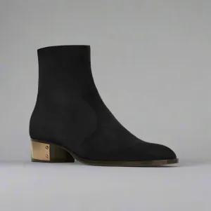 BLACK SUEDE LEATHER SLIP ON CHELSEA BOOTS WITH ZIPPER AND GOLDEN HEEL PLATE - CHELSEA BOOTS
