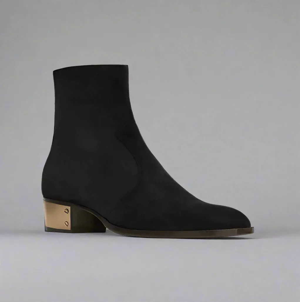 BLACK SUEDE LEATHER SLIP ON CHELSEA BOOTS WITH ZIPPER AND GOLDEN HEEL PLATE - CHELSEA BOOTS