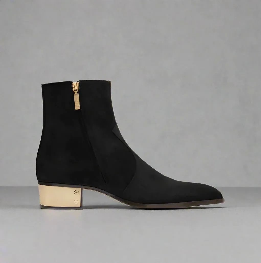 BLACK SUEDE LEATHER SLIP ON CHELSEA BOOTS WITH ZIPPER AND GOLDEN HEEL PLATE - CHELSEA BOOTS