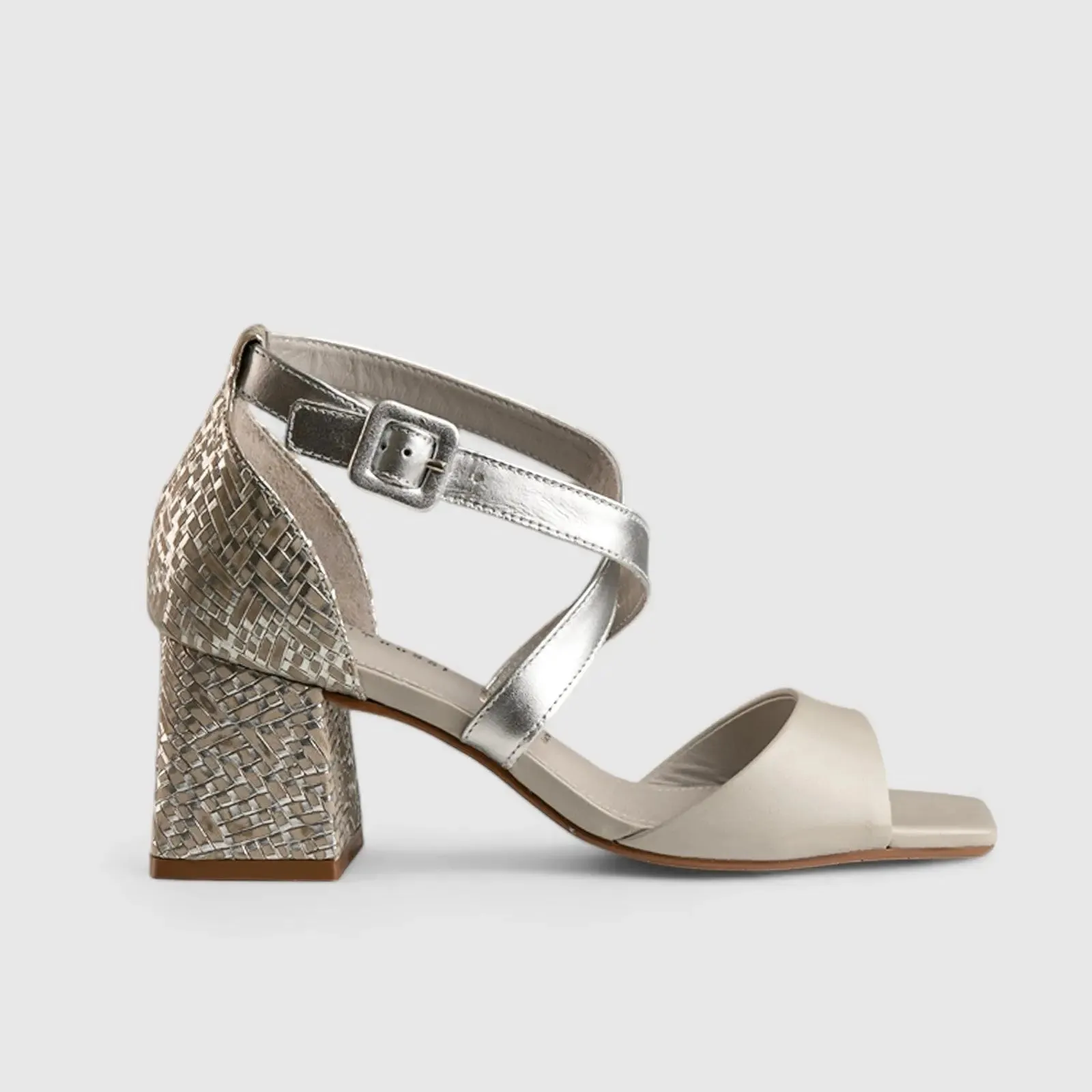 Block Heel Leather Sandal Grey Multi 11230