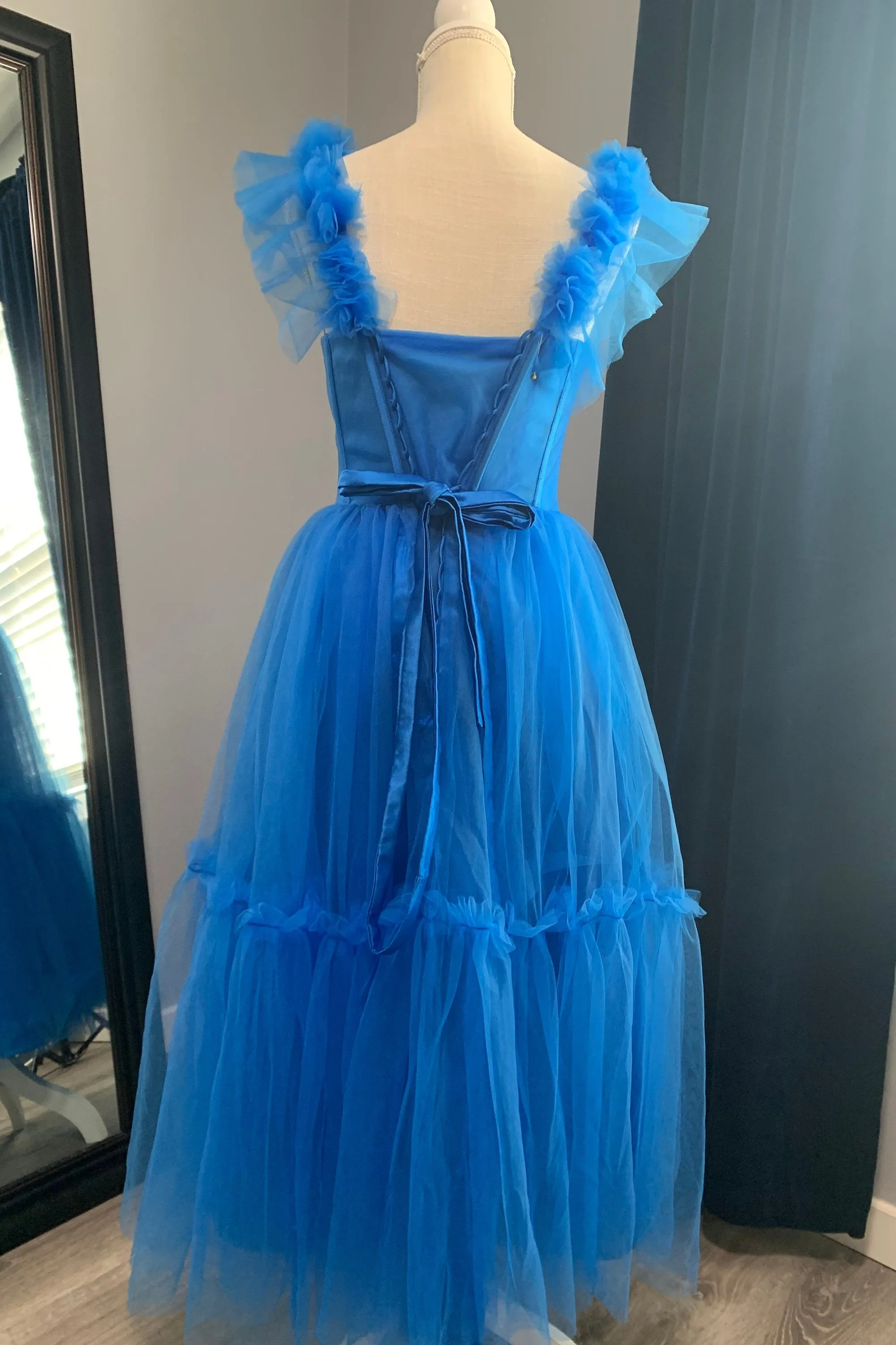 Blue Flare Straps Corset Tea Length Dress