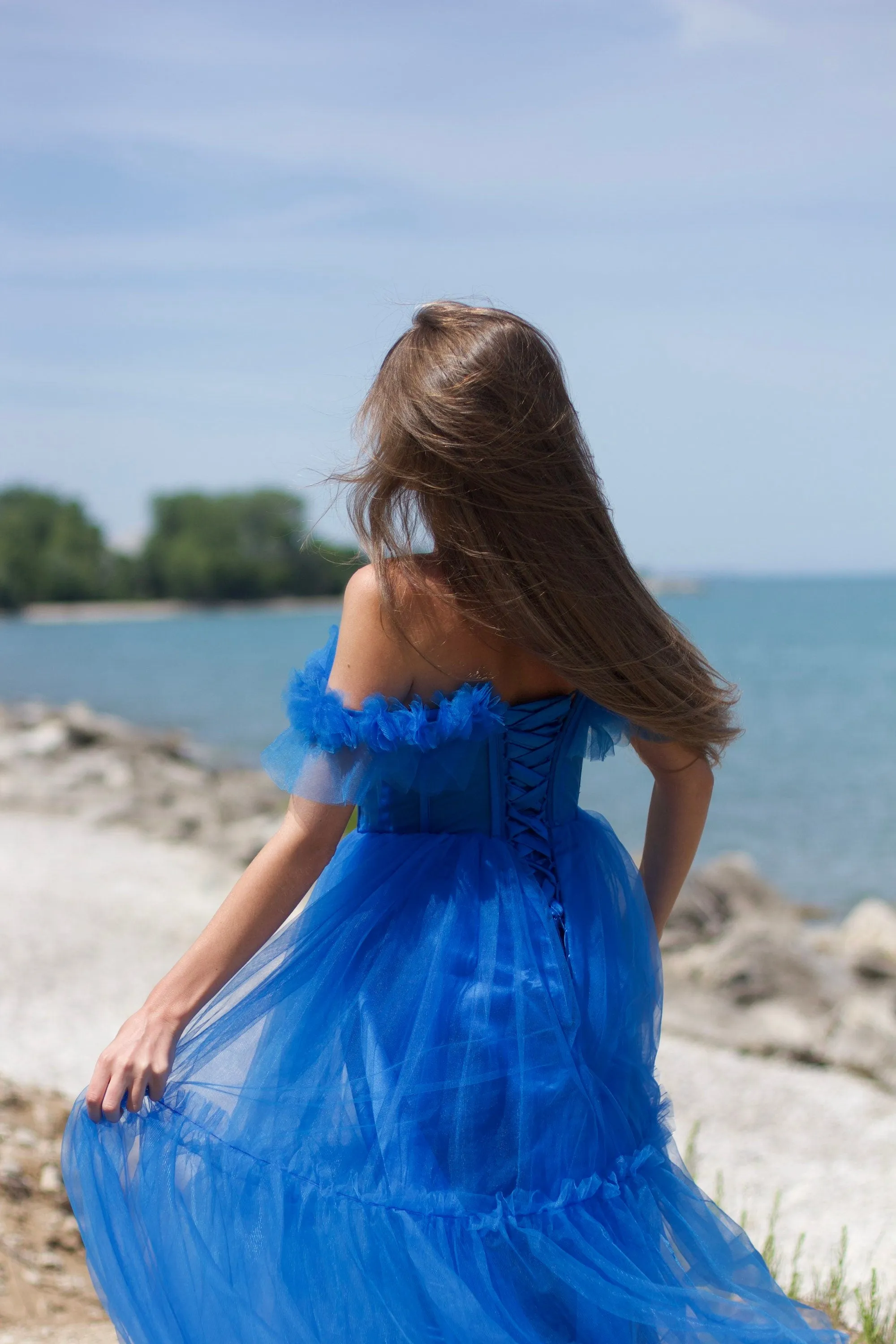 Blue Flare Straps Corset Tea Length Dress