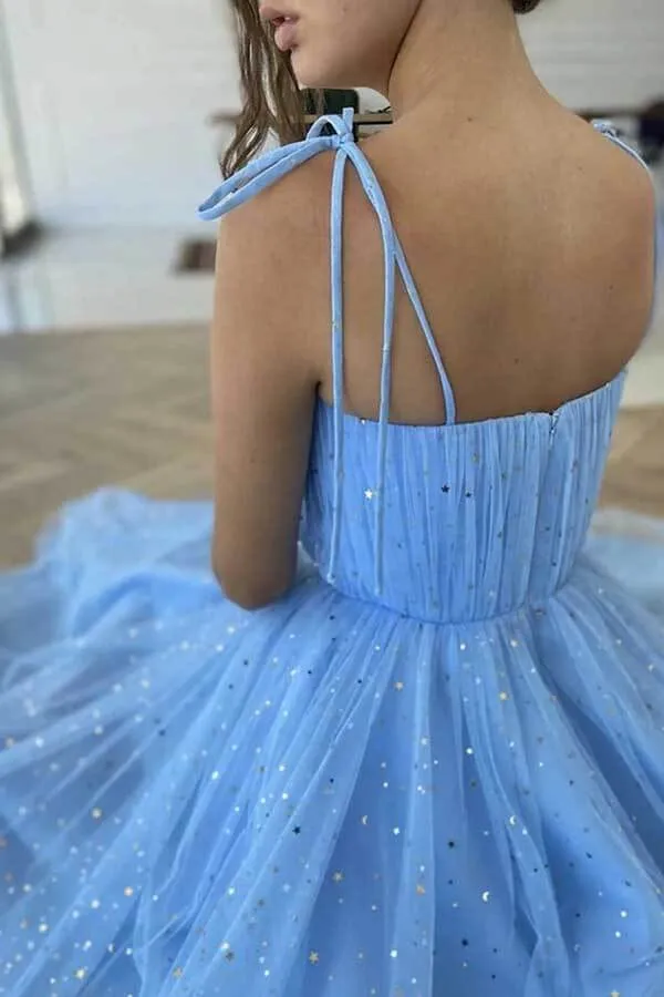 Blue Sequins Tulle Tea Length Short Prom Dresses, Homecoming Dresses, MH538