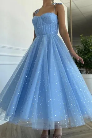 Blue Sequins Tulle Tea Length Short Prom Dresses, Homecoming Dresses, MH538