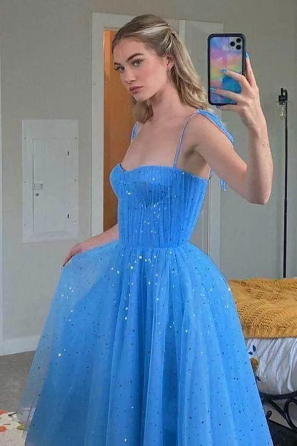 Blue Sequins Tulle Tea Length Short Prom Dresses, Homecoming Dresses, MH538