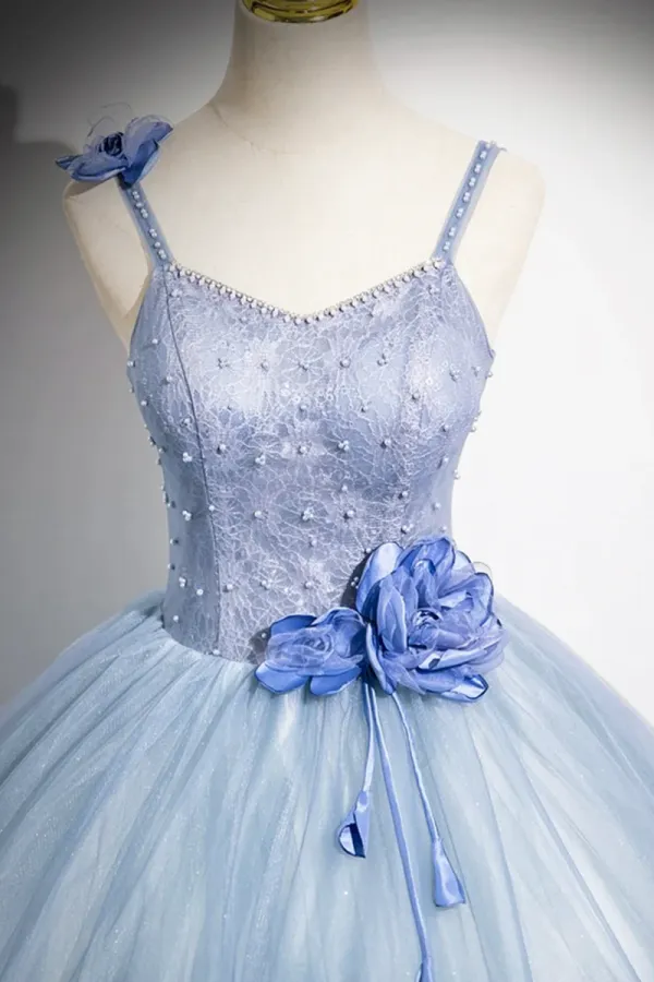 Blue Spaghetti Strap Tulle Floor Length Prom Dress, A Line Evening Party Dress APP1074