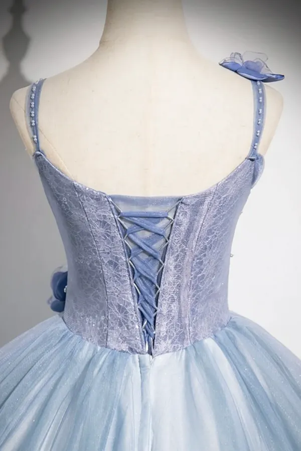 Blue Spaghetti Strap Tulle Floor Length Prom Dress, A Line Evening Party Dress APP1074