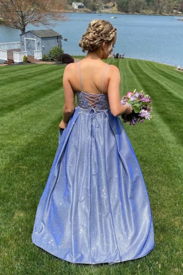 Blue Sweetheart Neck Lace Long Prom Dress Lace Blue Bridesmaid Dress APP0743