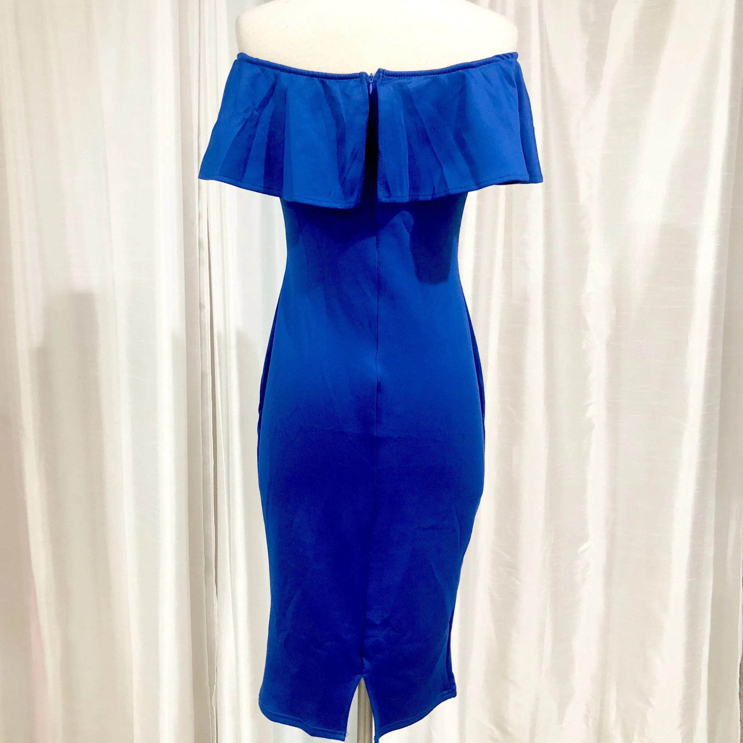 BOUTIQUE Royal Blue Tea Length Off-The-Shoulder Ruffle Top Dress Size S