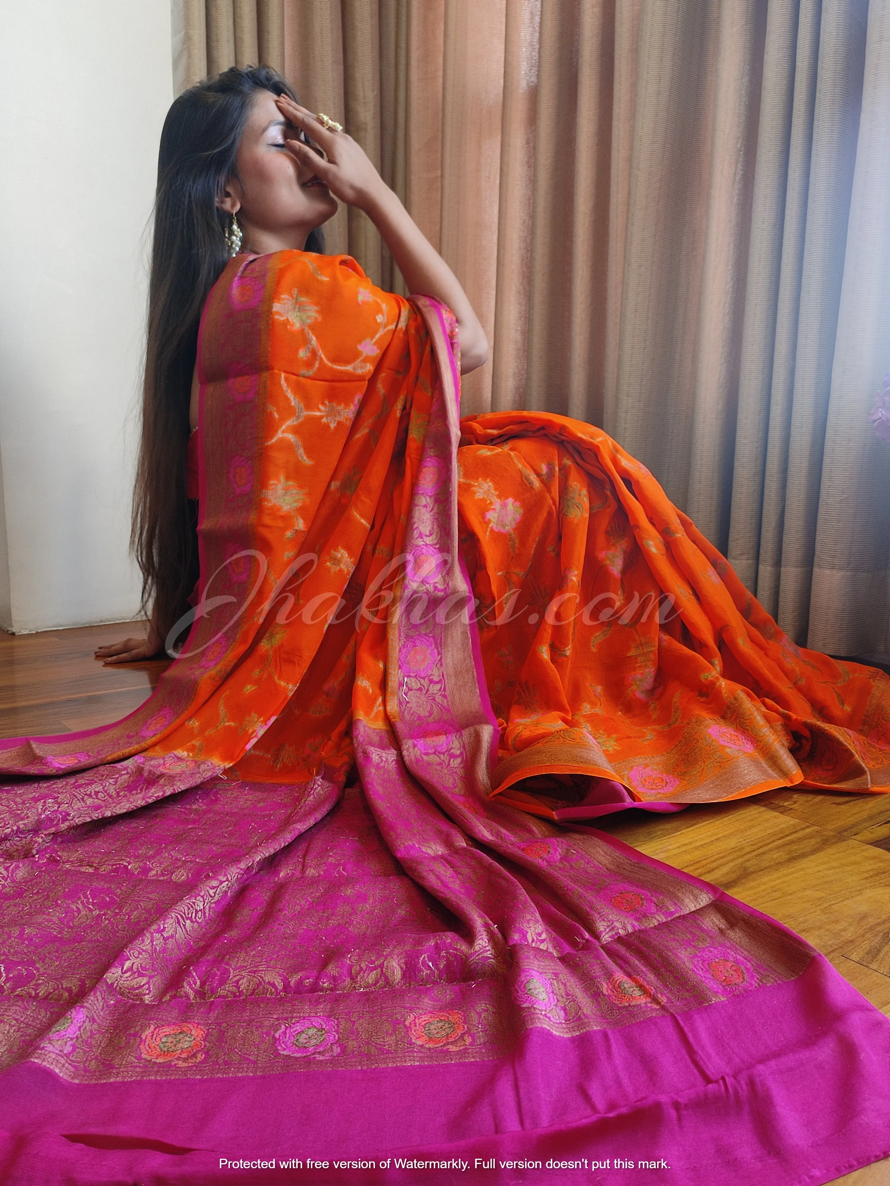 Bright Orange-Rani Pink Banarasi Bandhani Heavy Saree online
