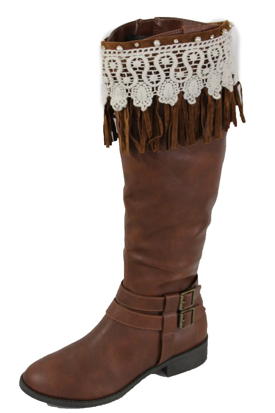 Brown Faux Leather Long Fringes Knee High Lace Boot Toppers Boho