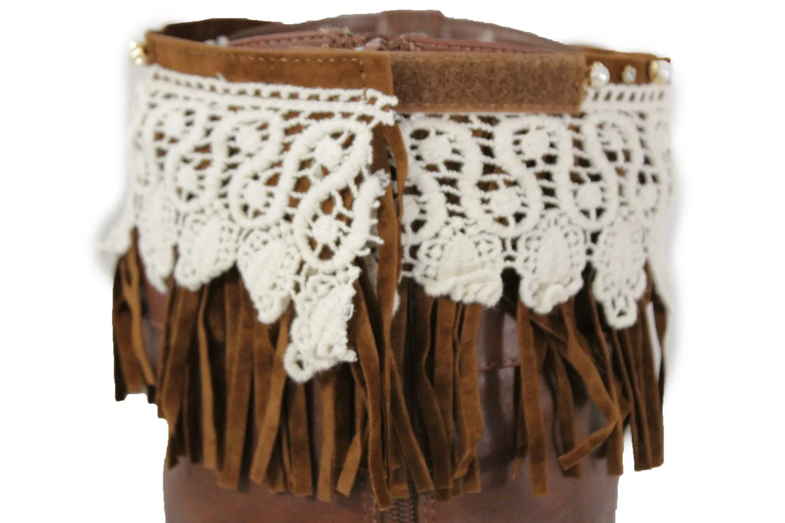 Brown Faux Leather Long Fringes Knee High Lace Boot Toppers Boho