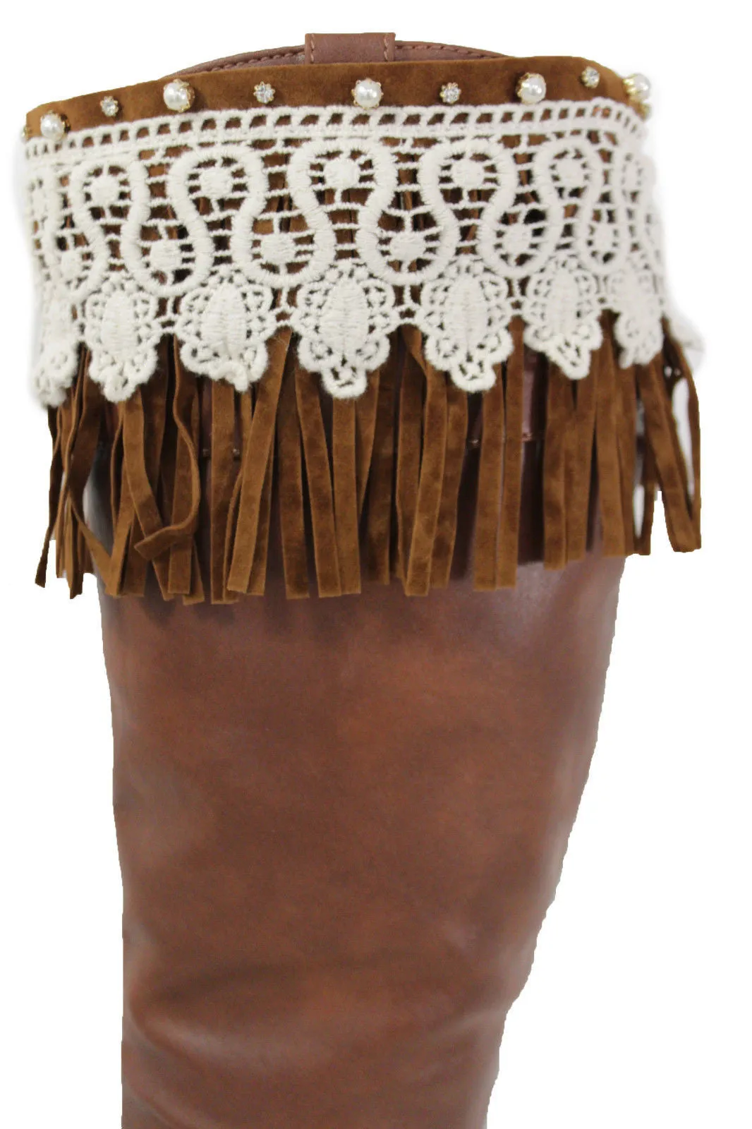 Brown Faux Leather Long Fringes Knee High Lace Boot Toppers Boho