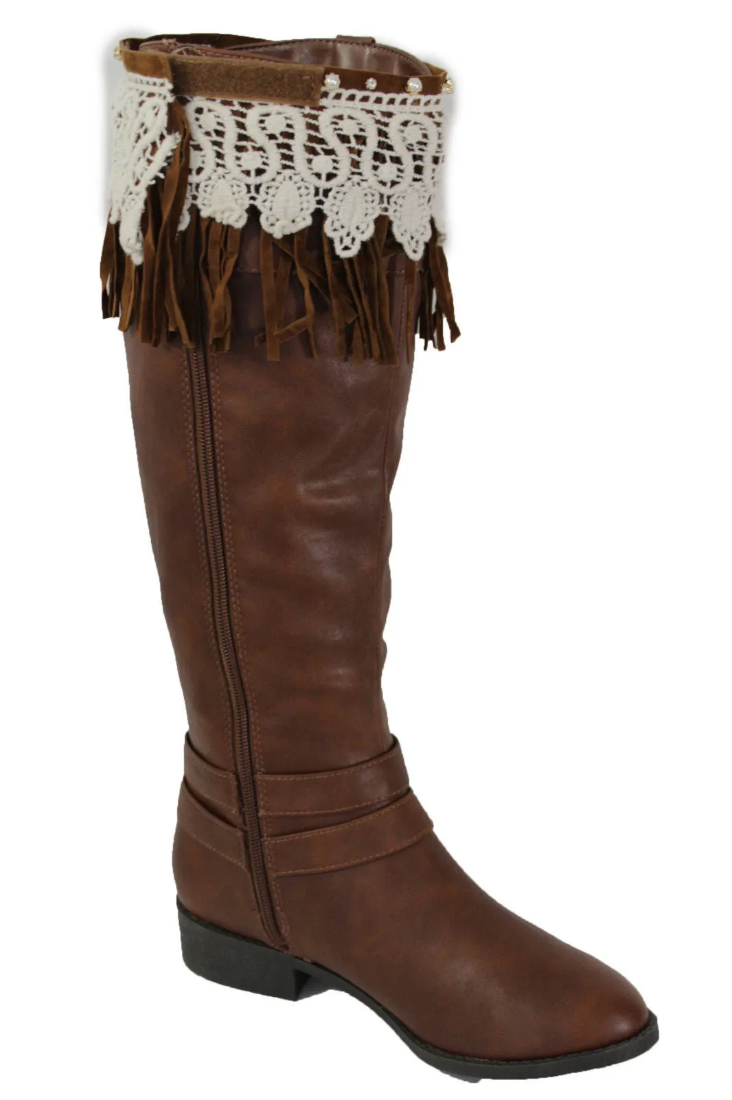 Brown Faux Leather Long Fringes Knee High Lace Boot Toppers Boho