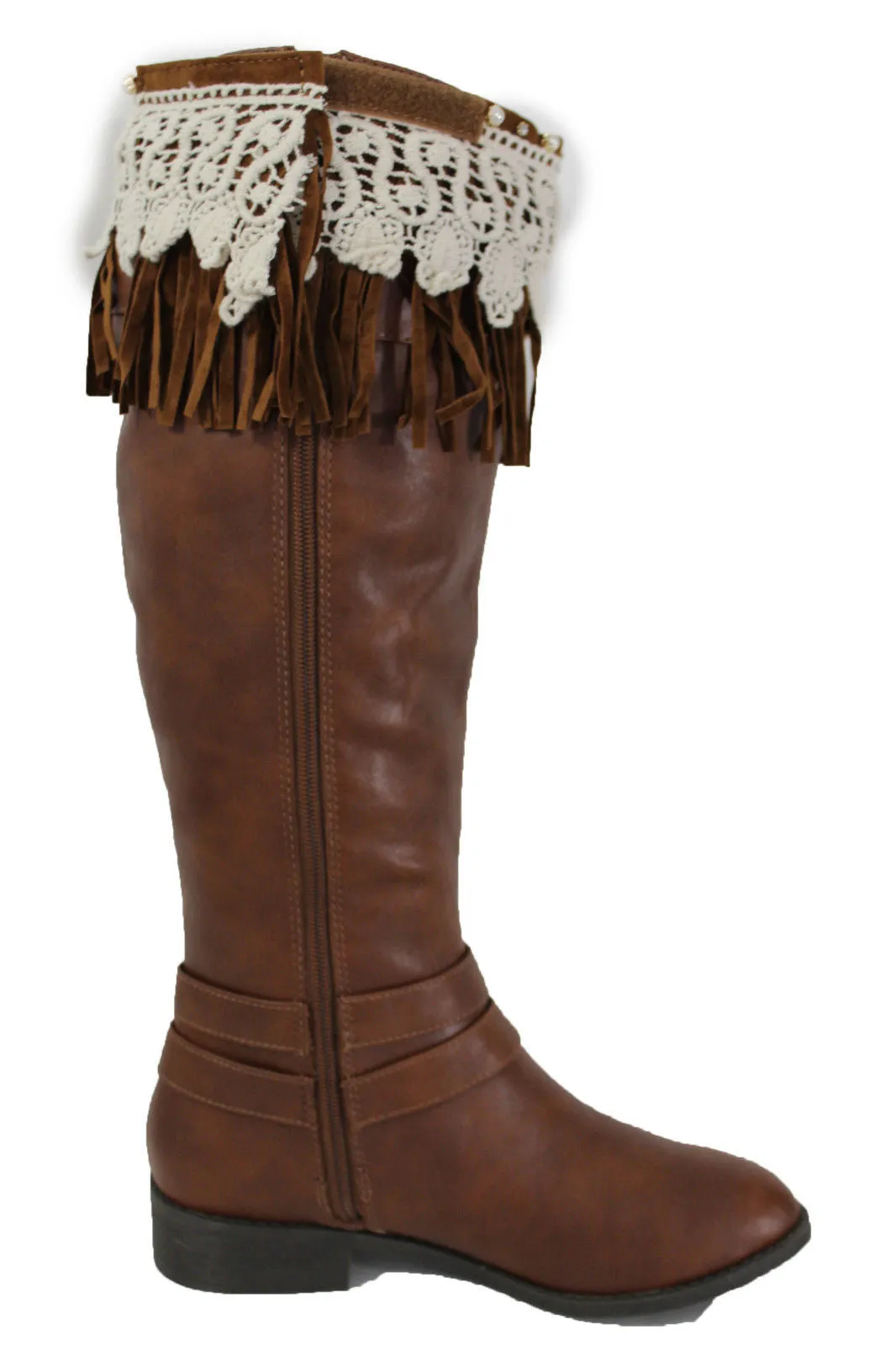 Brown Faux Leather Long Fringes Knee High Lace Boot Toppers Boho