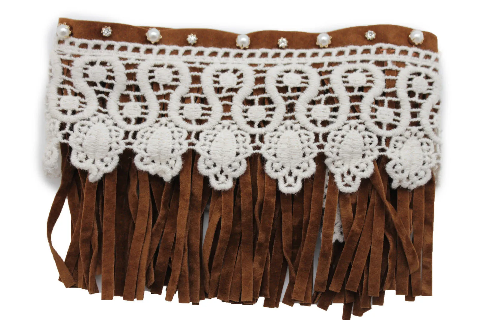 Brown Faux Leather Long Fringes Knee High Lace Boot Toppers Boho