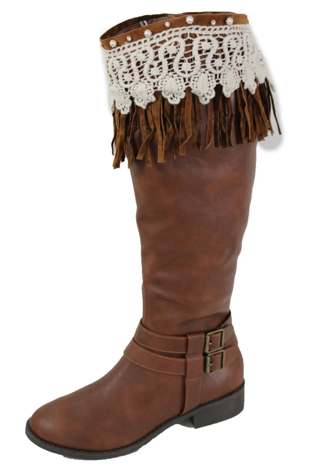 Brown Faux Leather Long Fringes Knee High Lace Boot Toppers Boho