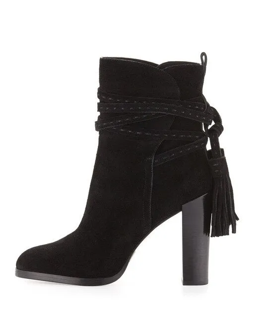 brown suede leather thick heel lace up fringe short boots elegant tassel ankle booties dropship size US10