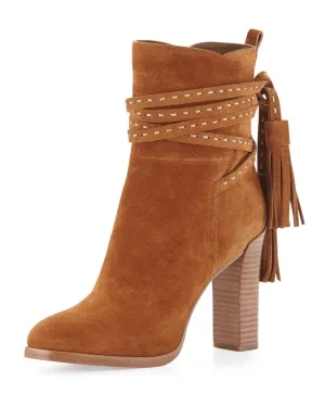 brown suede leather thick heel lace up fringe short boots elegant tassel ankle booties dropship size US10