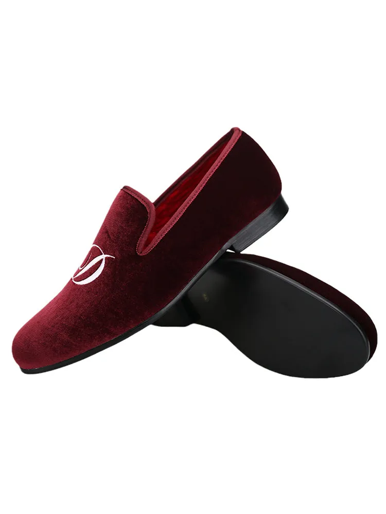 Burgundy burgundy silk velvet men's loafers classic British style initials embroidered shoes trendy shoes