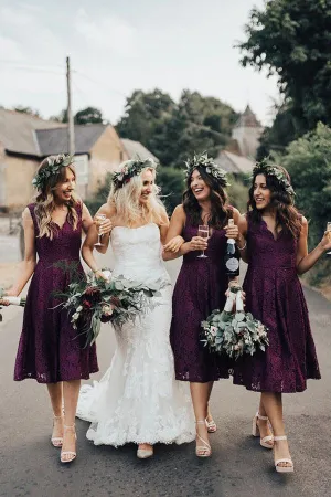 Burgundy Lace A-line V-neckline Tea Length Short Bridesmaid Dresses, MBD201