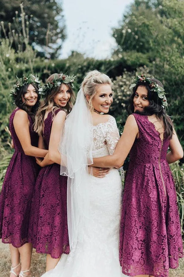 Burgundy Lace A-line V-neckline Tea Length Short Bridesmaid Dresses, MBD201